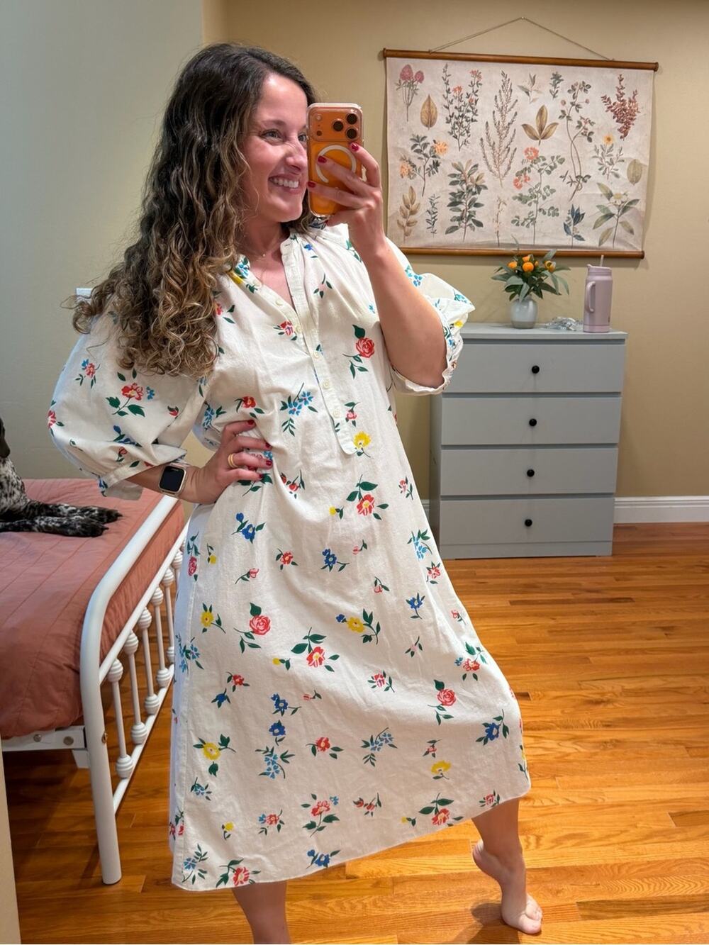 THE GREAT. Cotton Ivory Floral Midi Dress with Puff Sleeves 1 S/M